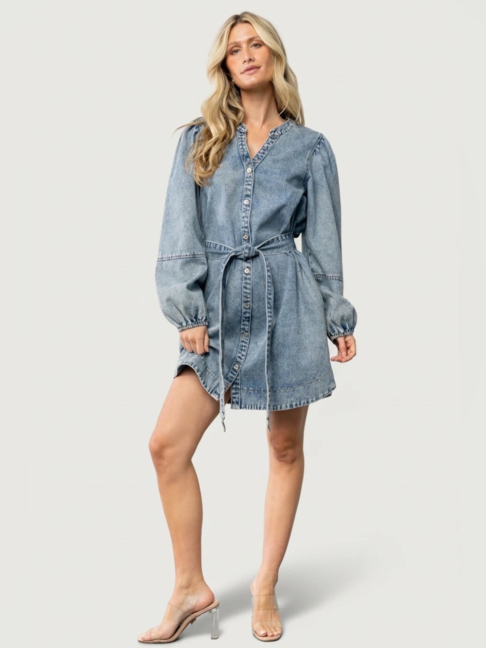 Light Blue Denim Midi Shirt Dress with Tie Waist